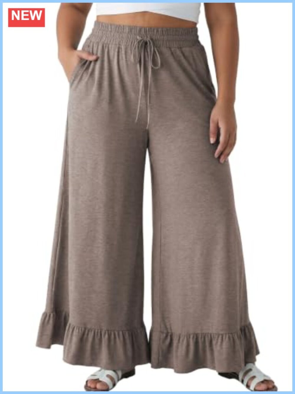 Plus Size High Waist Ruffle Hem Wide Leg Lounge Pants with Pockets
